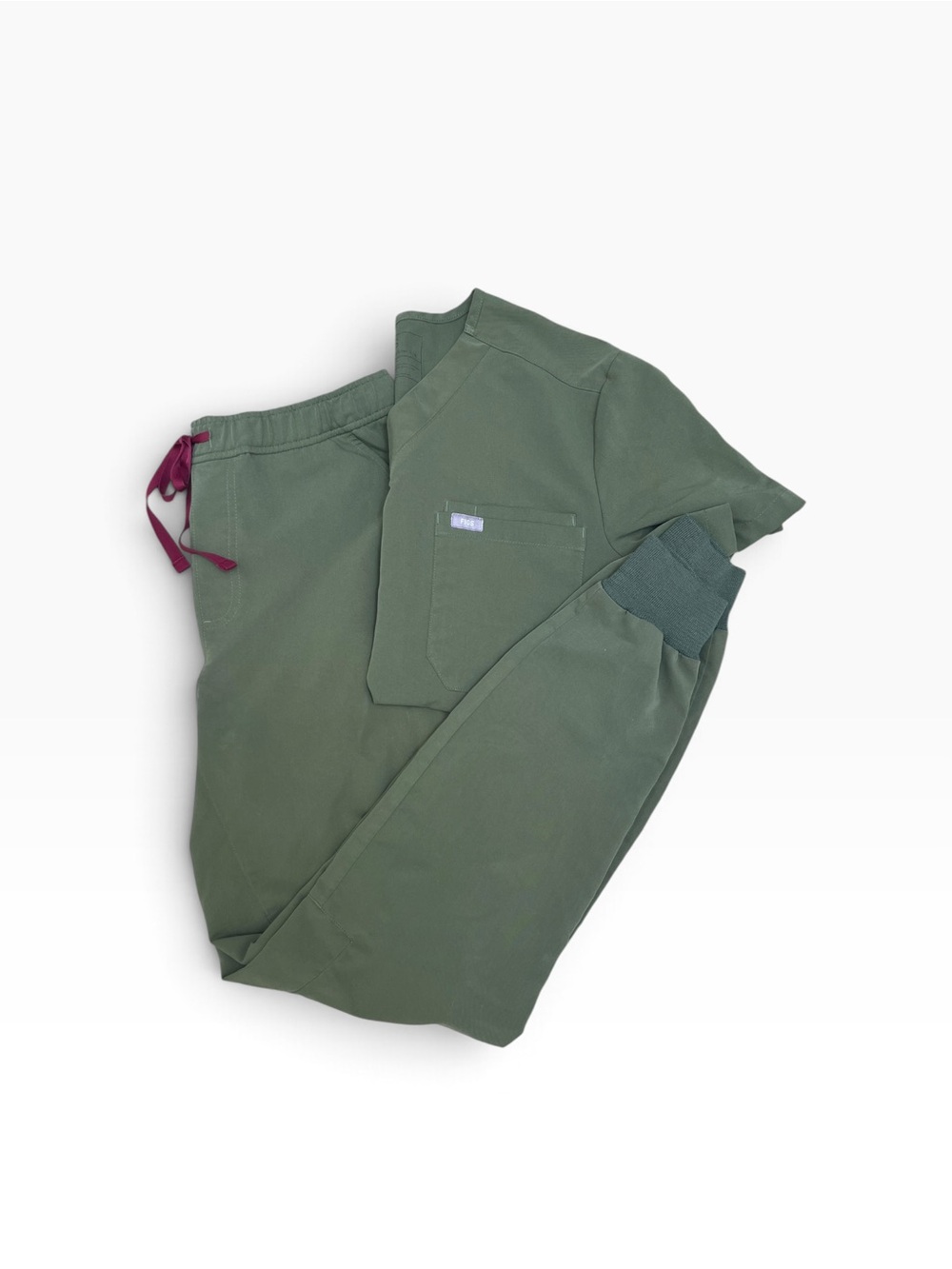 Figs Women's Olive Green Jogger Scrub Set with Maroon Drawstring